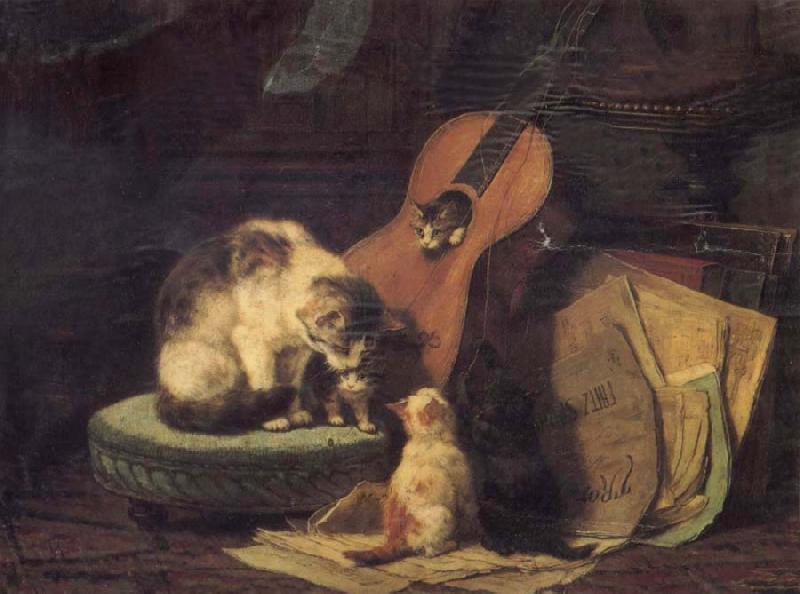 Henriette Ronner Cat,book and fiddle France oil painting art